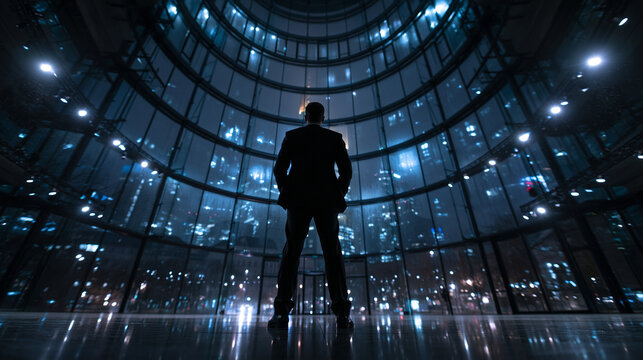 Businessman Silhouette Looking at City Skyline from Modern Atrium