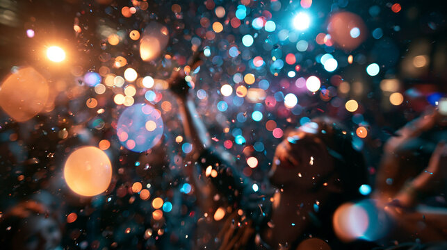 People Celebrating with Confetti and Bokeh Lights at Night Party
