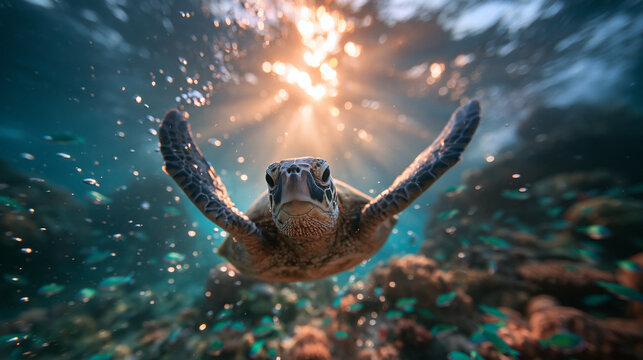 Sea Turtle Swimming Underwater in Sunlit Ocean Coral Reef