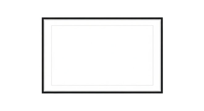 Empty rectangular picture frame with thin black border against a clean studio setting for mockups Isolated on transparent background