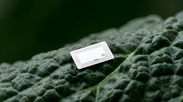 RFID tag placed on a green kale leaf to represent smart agriculture