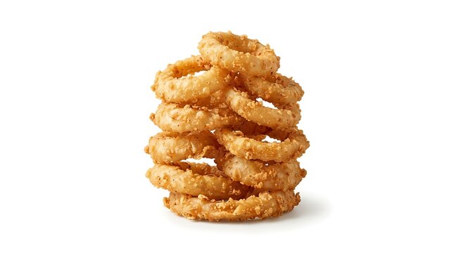 Crispy fried calamari rings stack isolated on white backdrop.