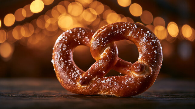 Fresh Salted Pretzel on Wooden Table with Warm Bokeh Lights