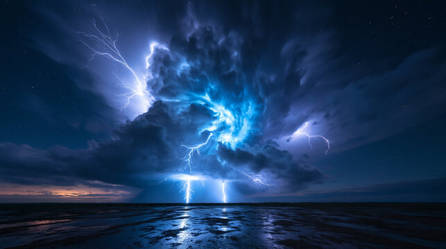 Powerful Lightning Strike in Dark Thunderstorm Night Sky