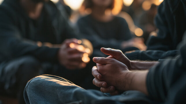 Clasped Hands of People Sitting in Support Group Circle