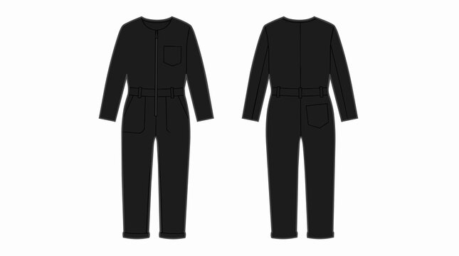 Technical Fashion Illustration of Black Long Sleeve Boiler Suit and Jumpsuit with Front and Back Views Detail