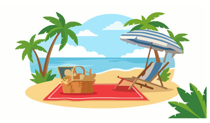 Sunny Beach Picnic with Wicker Basket Fresh Fruits Sandwich and Striped Umbrella Flat Vector Illustration