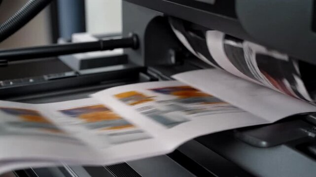 Modern office printer producing colorful document pages.