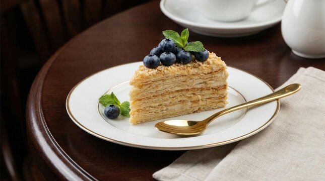 Slice of layered honey cake topped with fresh blueberries.