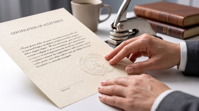 Close up of hands signing certification of acceptance document with embossed seal on desk, legal contract agreement, official paperwork, notary stamp, coffee cup and books