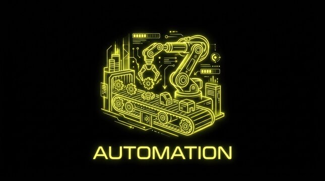 Futuristic automation concept with a robotic arm on a factory production line illustration.