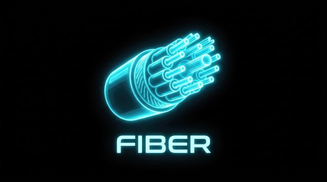 Glowing fiber optic cable illustration representing fast internet, data transmission, and network technology.