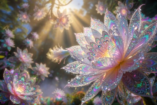 Fiori di loto iridescenti e magici bagnati di rugiada con raggi di sole in una foresta incantata