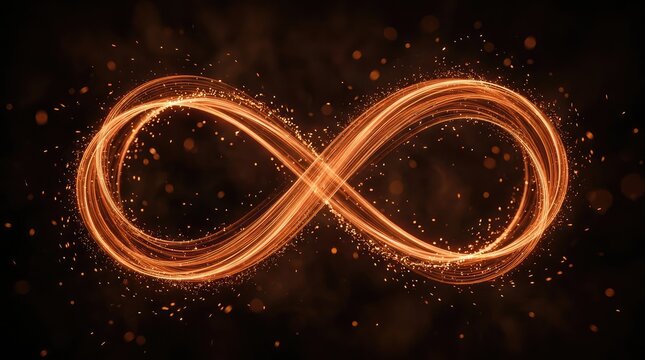 Fiery infinity symbol glowing against a dark abstract background with sparks