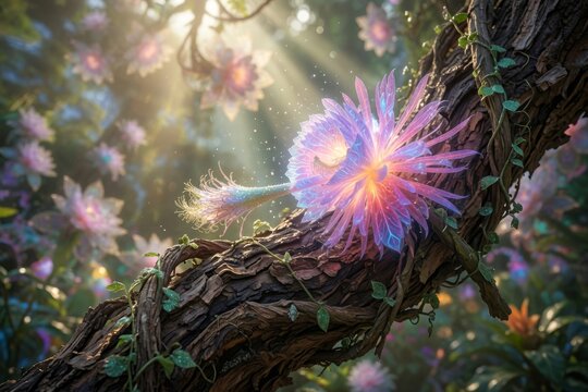 Fiore magico e luminoso che sboccia su un ramo in una foresta incantata con raggi di sole