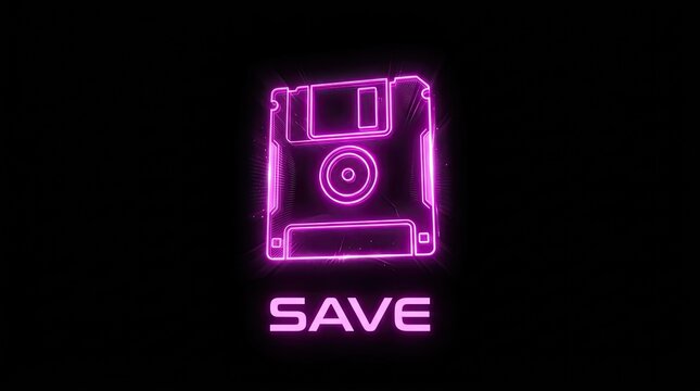 Neon glowing save icon with a retro floppy disk symbol on a black background.