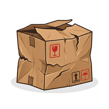 Damaged cardboard shipping box with fragile handling symbols