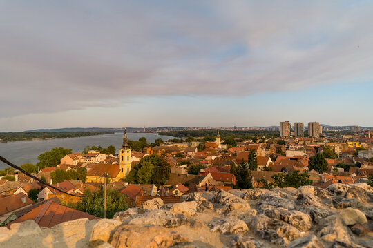 Scenic sunset view over Zemun old town and Danube River, Belgrade