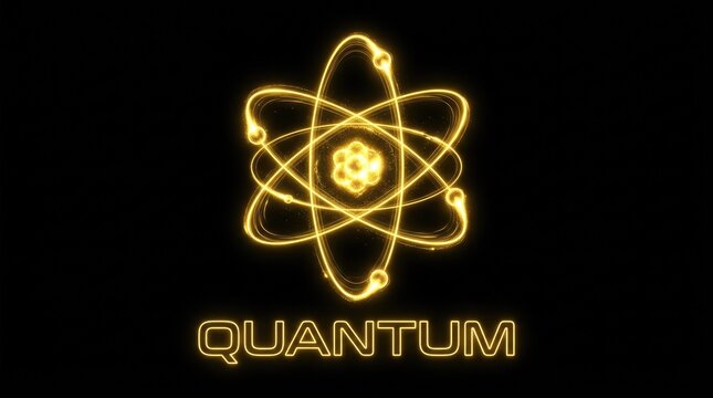 Glowing Quantum Atom Symbol with Orbiting Electrons and 'QUANTUM' Text