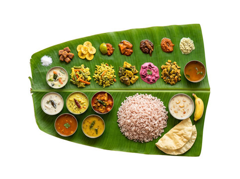 Traditional Indian vegetarian thali on banana leaf PNG on transparent background