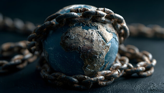 Planet Earth model sits inside heavy iron metal chains on dark background. Global sphere wrapped with industrial links climate crisis restriction environmental bondage. Conceptual image shows