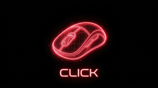 Glowing red neon gaming mouse icon with the word click. Futuristic technology concept.