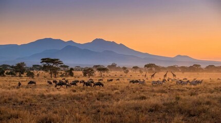 Naklejka premium African savanna landscape with wildlife at golden hour.