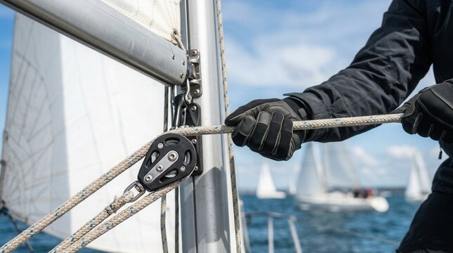 Close up of sailboat mast and rigging with a gloved hand pulling a rope