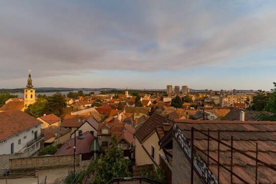 Zemun district skyline with red roofs and church tower in Belgrade