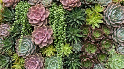 Fototapeta premium Assorted green and purple succulent plants in dense arrangement.