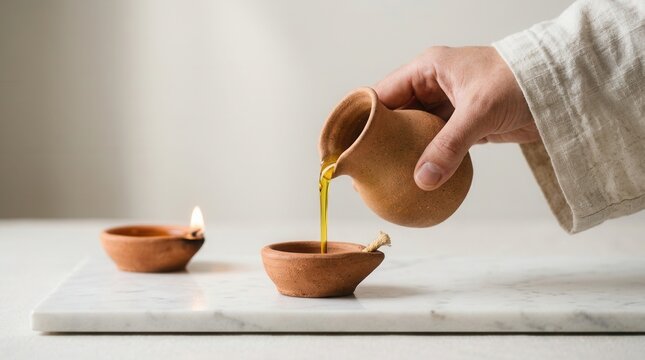 Hand pouring olive oil into a small clay lamp representing the ancient biblical parable of the ten virgins