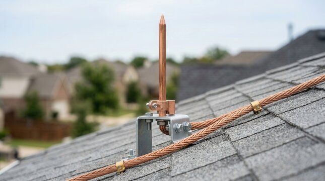 Residential roof with installed copper lightning rod and grounding wire for electrical storm protection.