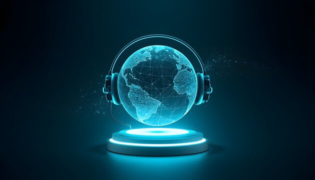 Futuristic AI customer support concept with glowing holographic globe and digital headset