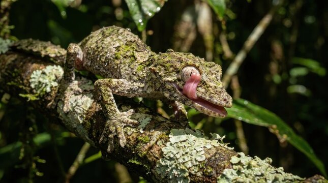 Camouflaged mossy leaf-tail gecko on lichen covered branch.