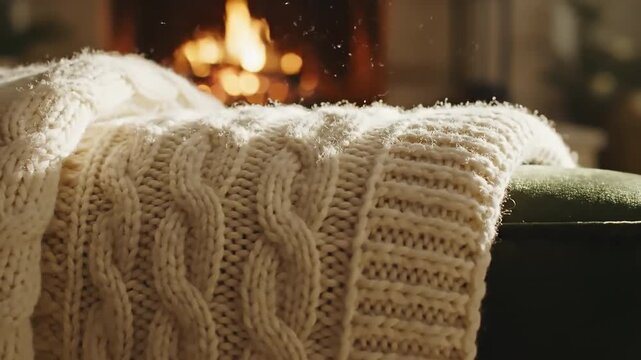 Warm cable knit blanket draped over furniture with a glowing fireplace in a cozy room