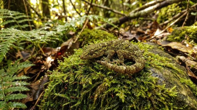 Camouflaged mossy leaf-tailed gecko on a forest rock.