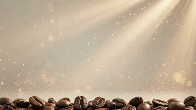 Warm glow illuminates aromatic freshly roasted coffee beans, creating a comforting and inviting backdrop with soft light rays and sparkling particles