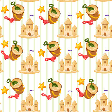 Seamless beach pattern with sandcastles, buckets, toy rakes. Striped background. Summer design for children's textiles, wallpaper and packaging