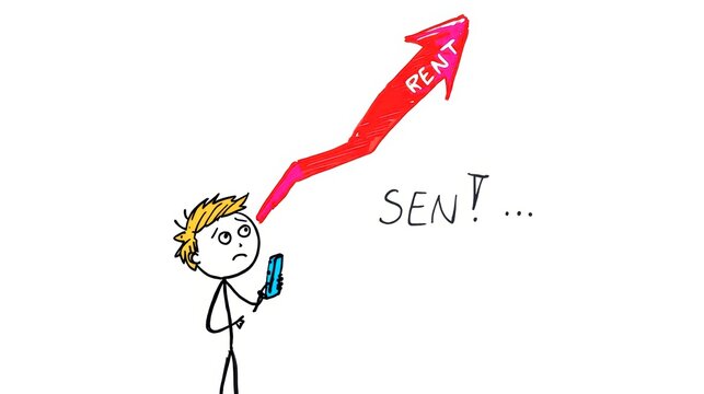 Simple stick figure holds phone with a startled expression