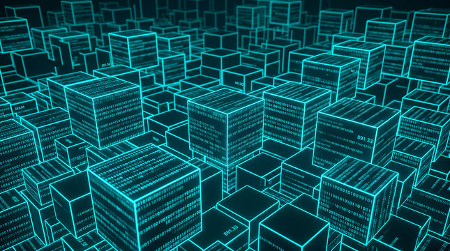 Abstract digital cubes with glowing cyan lines and binary code, representing data, technology, and information flow, a modern concept