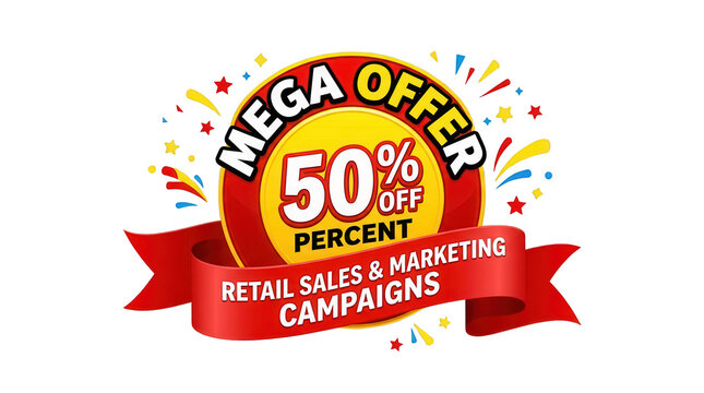 Mega offer fifty percent off yellow and red sale promotion badge with ribbon isolated on a transparent background isolated on transparent background