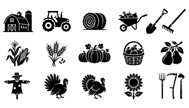 Set of autumn harvest and farm life icons collection isolated on white background with agriculture collection countryside wheelbarrow scarecrow sunflower vegetables seasonal