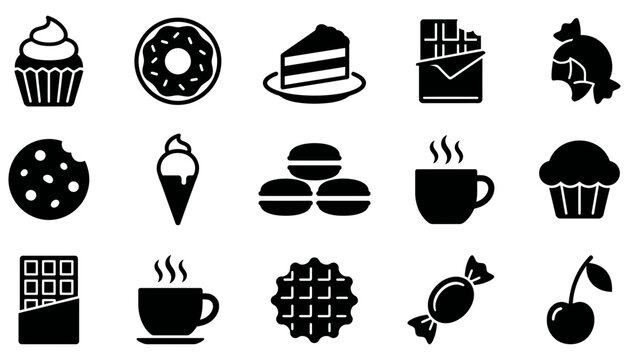 Sweet desserts and snacks food icon set in black silhouette with chocolate silhouette illustration confectionery snacking delicious