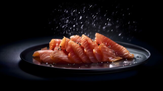 Sliced smoked salmon on a dark plate with sea salt falling from above