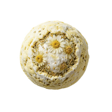 Isolated bath bomb infused with matricaria chamomilla botanical fragments featuring a dimpled organic surface