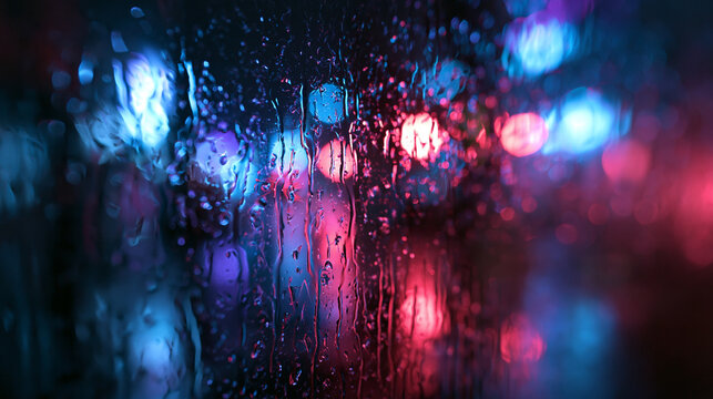 Raindrops on Glass Window with Neon City Bokeh Lights