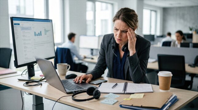 Exhausted office professional handles several tasks at once, expressing busy woman burnout, digital stress, mental fatigue and nonstop workplace demands.