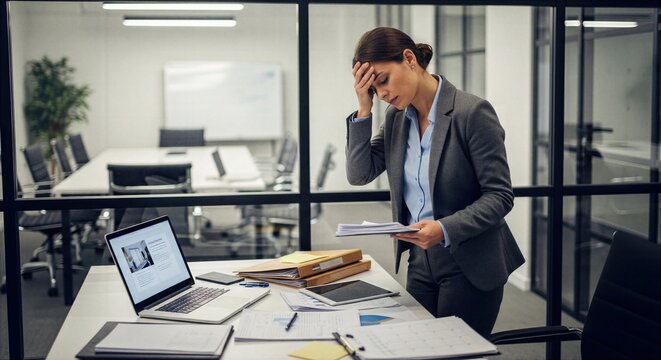 Busy business woman faces leadership pressure in office, preparing meeting notes near laptop and folders while showing burnout, fatigue and career stress.