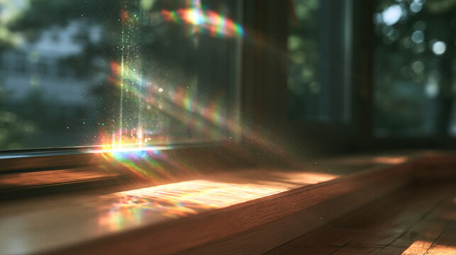 Sunlight Prism Spectrum Beam on Wooden Window Sill