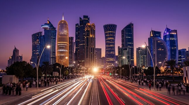 Doha Skyline and Traffic Light Trails at Twilight, Qatar